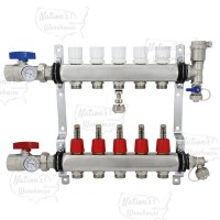 Rifeng SSM205 5-branch Radiant Heat Manifold, Stainless Steel, for PEX, 1/2" Adapters Incl.