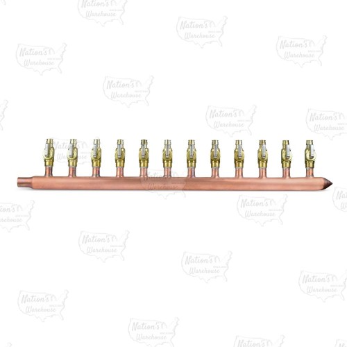 12-branch Copper Manifold w/ 1/2" PEX-A (F1960) Valves, 3/4" Male Sweat x Closed, Right-hand, LF