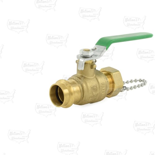 3/4" Press x 3/4" Male Garden Hose Brass Ball Valve w/ Cap & Chain, Lead-Free