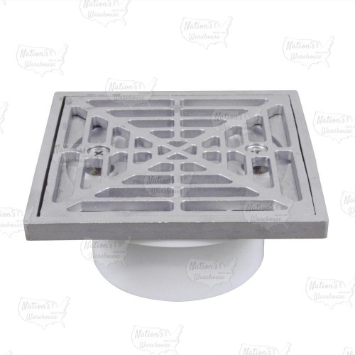 PVC Floor Drain w/ Square Matte Stainless Steel Strainer & Ring, 2" Hub x 3" Inside Fit