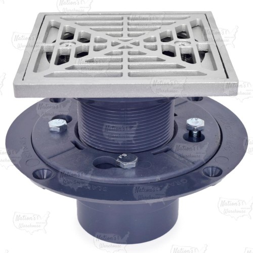 Square PVC Shower Tile/Pan Drain w/ Matte St. Steel Strainer, 2" Hub x 3" Inside Fit (less test plug)