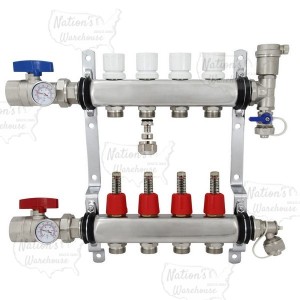 Rifeng SSM204 4-branch Radiant Heat Manifold, Stainless Steel, for PEX, 1/2" Adapters Incl.