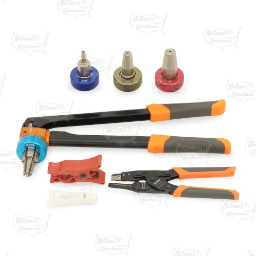 Manual PEX Expander Tool Kit w/ Auto-Rotating Head for sizes 1/2", 3/4" & 1" (incl Cutter & Ring Removal Tool)