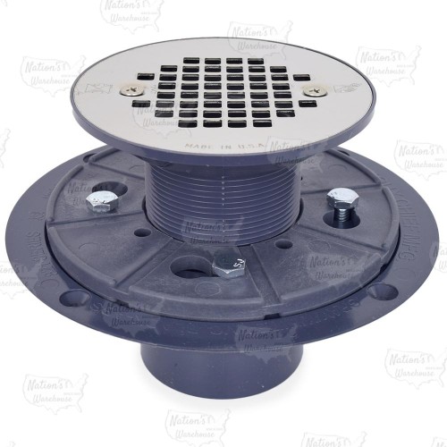 Round PVC Shower Pan Drain w/ Screw-on 19-Gauge St. Steel Strainer, 2" Hub x 3" Inside Fit (less test plug)