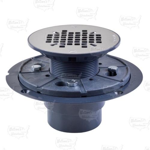 Round PVC Shower Pan Drain w/ Snap-in 19-Gauge St. Steel Strainer, 2" Hub x 3" Inside Fit (less test plug)