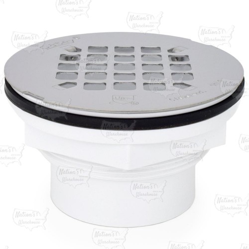 2" Hub, Solvent Weld PVC Shower Base/Module Drain w/ Snap-in Strainer, Locknut Style