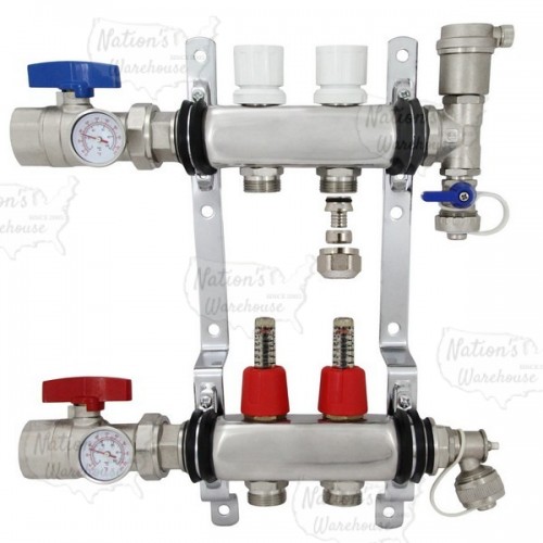 Rifeng SSM202 2-branch Radiant Heat Manifold, Stainless Steel, for PEX, 1/2" Adapters Incl.
