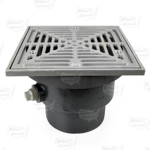 FinishLine Adjustable Floor Drain Complete Assembly, Square, St. Steel, 4" Cast Iron No-Hub