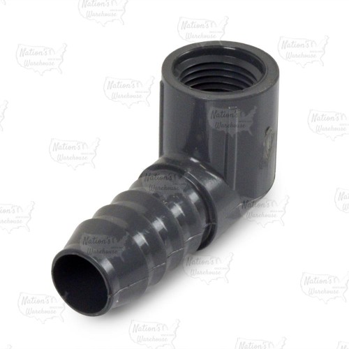 3/4" Barbed Insert x 1/2" Female NPT 90° PVC Reducing Elbow, Sch 40, Gray