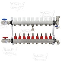 Rifeng SSM209 9-branch Radiant Heat Manifold, Stainless Steel, for PEX, 1/2" Adapters Incl.