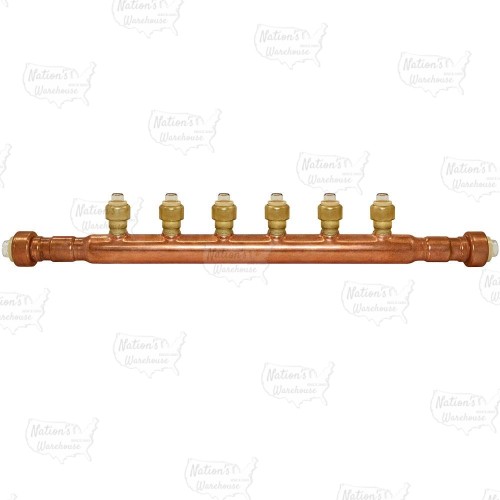 Sioux Chief 672Q0699 6-Branch Manifold, 3/4 in x 1/2 in, Push-To-Connect x Open, Copper