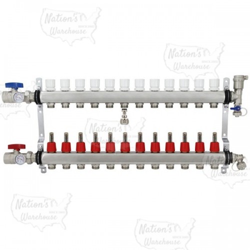 Rifeng SSM112 12-branch Radiant Heat Manifold, Stainless Steel, for PEX, 1/2" Adapters Incl.