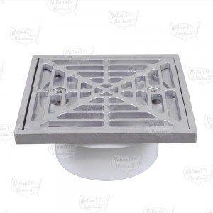 PVC Floor Drain w/ Square Matte Stainless Steel Strainer & Ring, 2" Hub x 3" Inside Fit