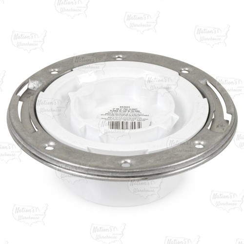 3" Hub x 4" Inside Fit, Fast Set PVC Closet Flange w/ St. Steel Ring, w/ Knockout Test Cap