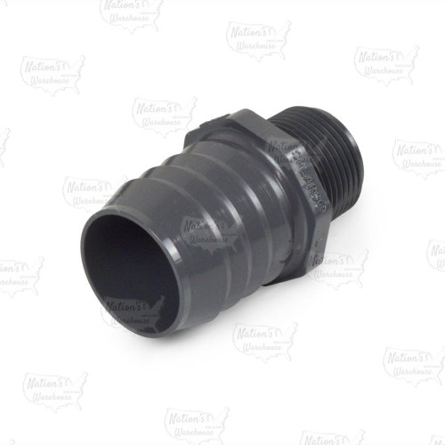 1-1/2" Barbed Insert x 1" Male NPT Threaded PVC Reducing Adapter, Sch 40, Gray