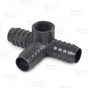 1" Barbed Insert x 3/4" Female NPT Side Outlet PVC Tee, Sch 40, Gray