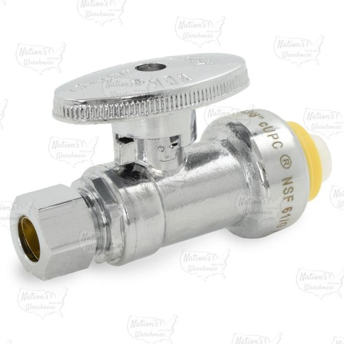 1/2" Push-to-Connect x 3/8" OD Compr. Straight Stop Valve (1/4-Turn), Lead-Free..