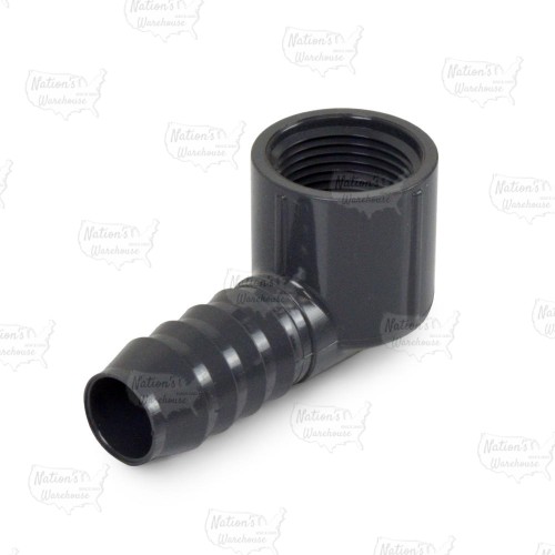 3/4" Barbed Insert x 3/4" Female NPT 90° PVC Elbow, Sch 40, Gray