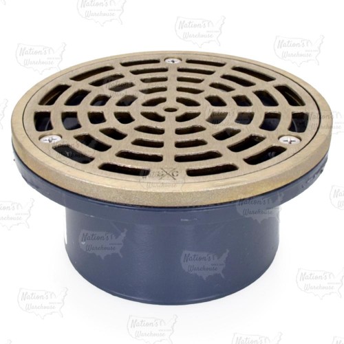 Low-Profile (Short) PVC Floor Drain w/ Round Nickel Bronze Strainer, 3" Hub × 4" Inside Fit