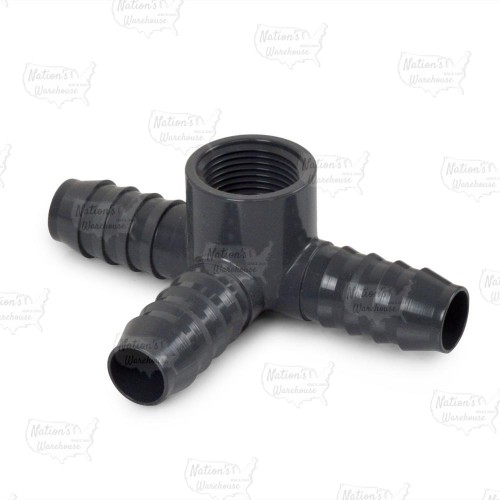 3/4" Barbed Insert x 3/4" Female NPT Side Outlet PVC Tee, Sch 40, Gray