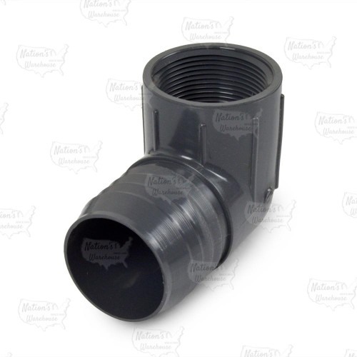 2" Barbed Insert x 1-1/2" Female NPT 90° PVC Reducing Elbow, Sch 40, Gray