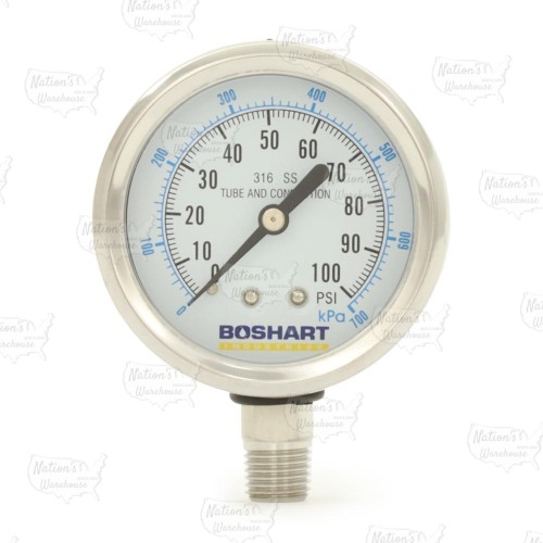 0-100 psi, 304 St. Steel Pressure Gauge, 2-1/2" Dial, 1/4" NPT (Lead-Free)..