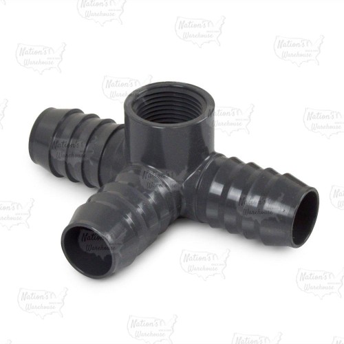 1" Barbed Insert x 3/4" Female NPT Side Outlet PVC Tee, Sch 40, Gray