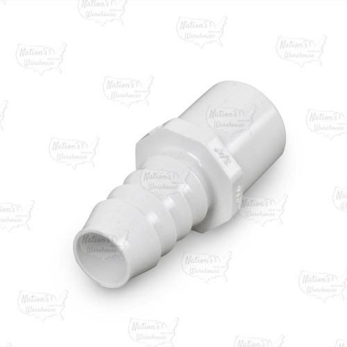 3/4" Barbed Insert x 3/4" Spigot (1/2" Socket) Nesting PVC Adapter, Sch 40, White