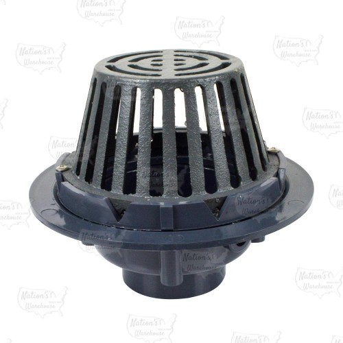 PVC Roof Drain w/ Enameled Cast Iron Dome Strainer, 3" PVC Hub