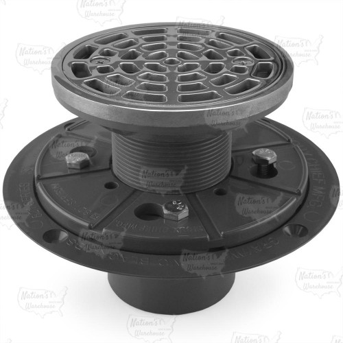 Round Tile-in PVC Shower Pan Drain w/ Screw-on Polished Steel Strainer & Ring, 2" Hub x 3" Inside Fit