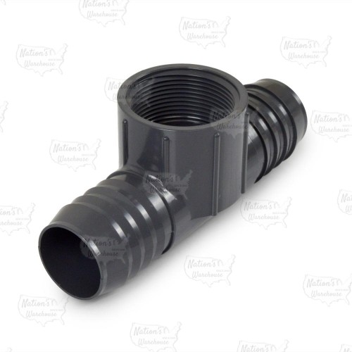 1-1/2" Barbed Insert x 1-1/2" Female NPT Threaded PVC Tee, Sch 40, Gray