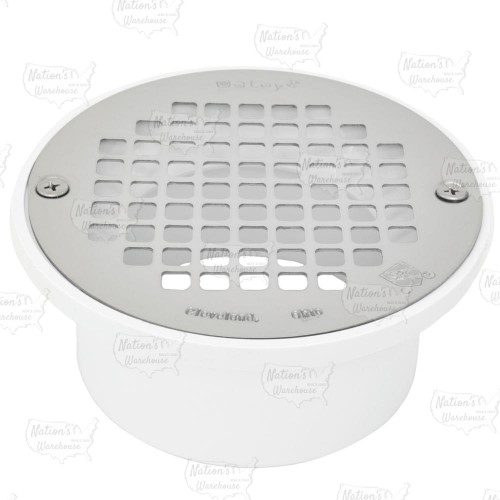 Low-Profile (Short) PVC Floor Drain w/ Round St. Steel Strainer, 3" Hub x 4" Inside Fit