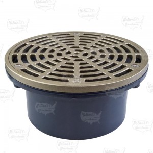 Low-Profile (Short) PVC Floor Drain w/ Round Nickel Bronze Strainer, PVC 4" Hub